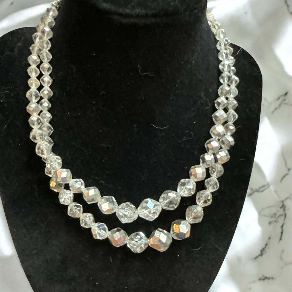 Vintage Faceted Clear Crystal Graduated Double Strand Necklace